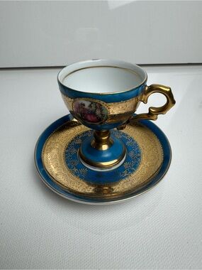 Royal Vienna Porcelain Cup & Saucer Set Blue/Gold 2pc Handle Printed 11/820